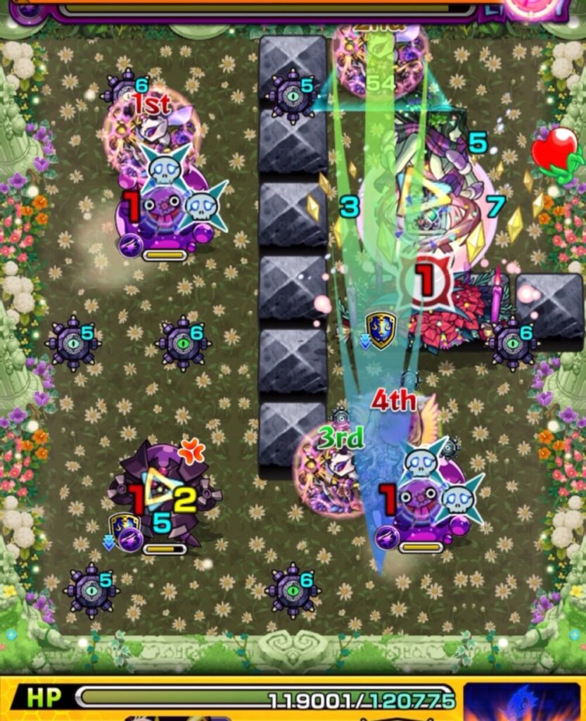 超究極・セントアモーレのステージ2で、防御ダウン中の中ボス弱点を攻撃し、エル(破邪モード)の友情と合わせて大ダメージを与えた場面のスクリーンショット。