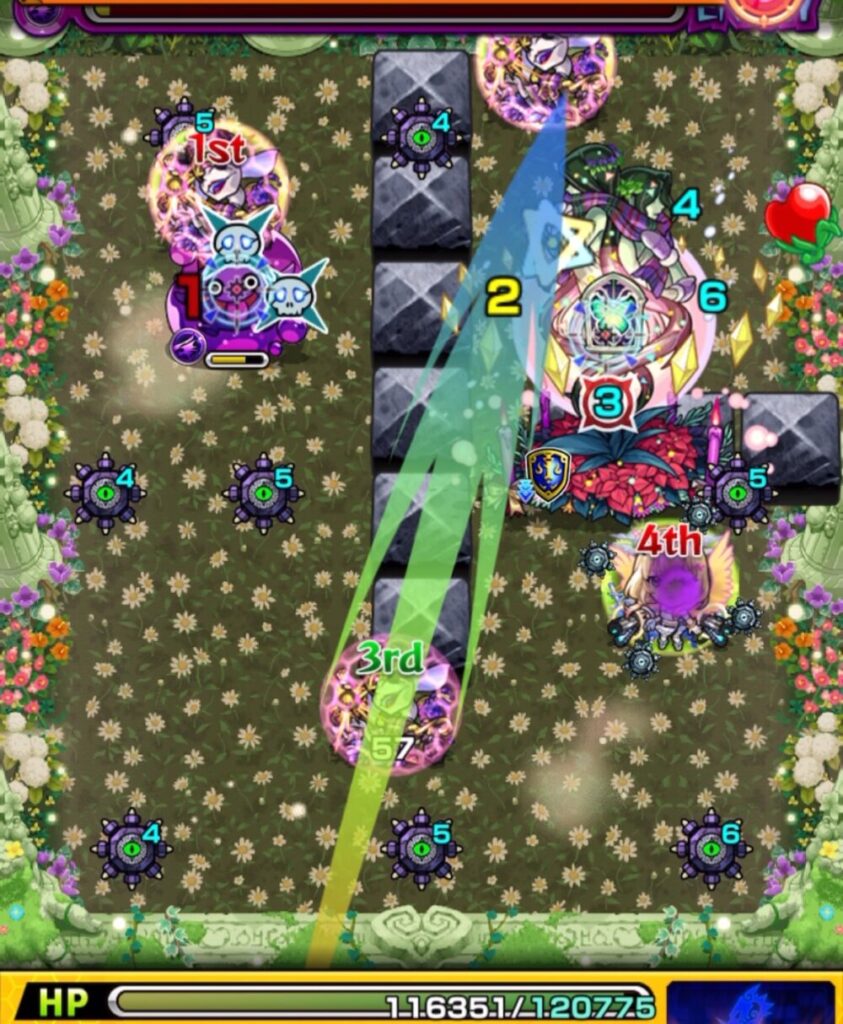 超究極・セントアモーレのステージ2で、3手目に中ボス弱点を攻撃してダメージを与え、そのままステージ2を突破した場面のスクリーンショット。