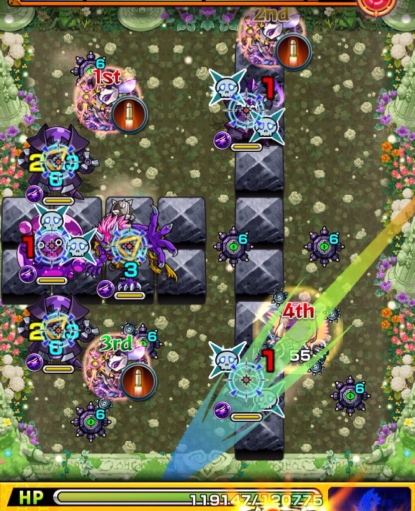 超究極・セントアモーレのステージ3で、1手目にクロスドクロ雑魚3体を同時処理したが、防御ダウンが鬼1体だけに入った場面のスクリーンショット。