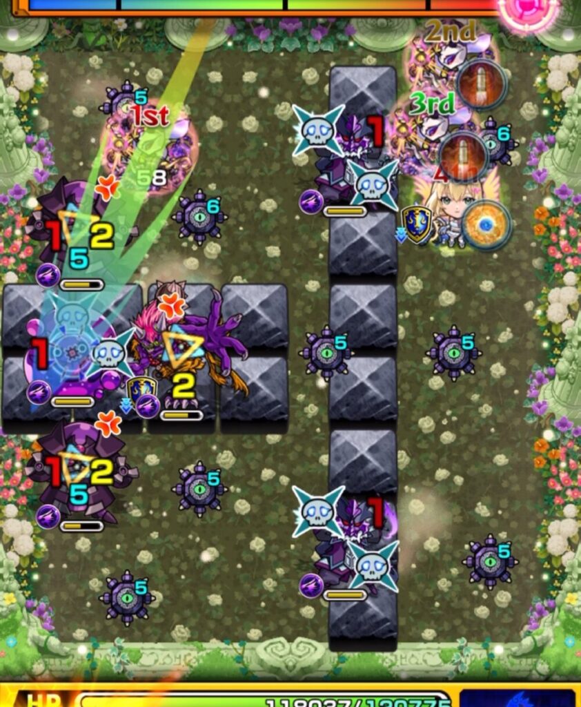 超究極・セントアモーレのステージ3で、2手目に魔導士と鬼を攻撃したが、魔導士の防御ダウンに気づかず、鬼のみ処理に成功した場面のスクリーンショット。