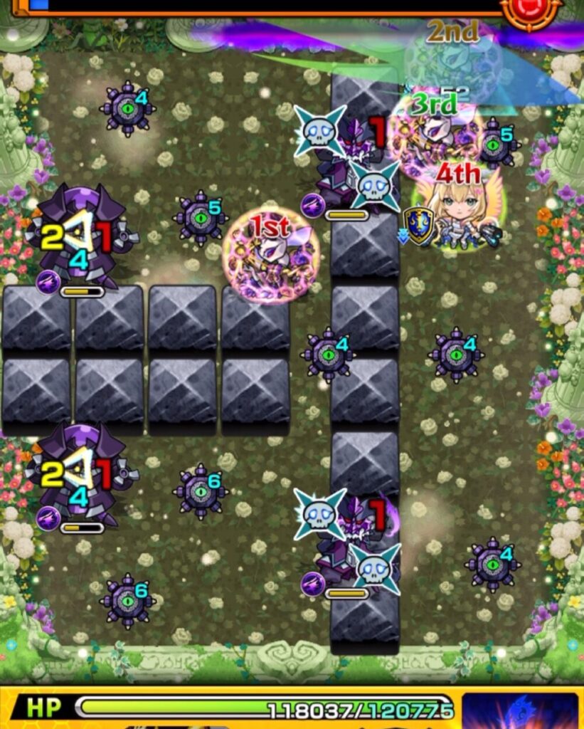 超究極・セントアモーレのステージ3で、3手目に魔導士2体の同時処理に成功したものの、防御ダウンが上側の魔導士だけに入った場面のスクリーンショット。