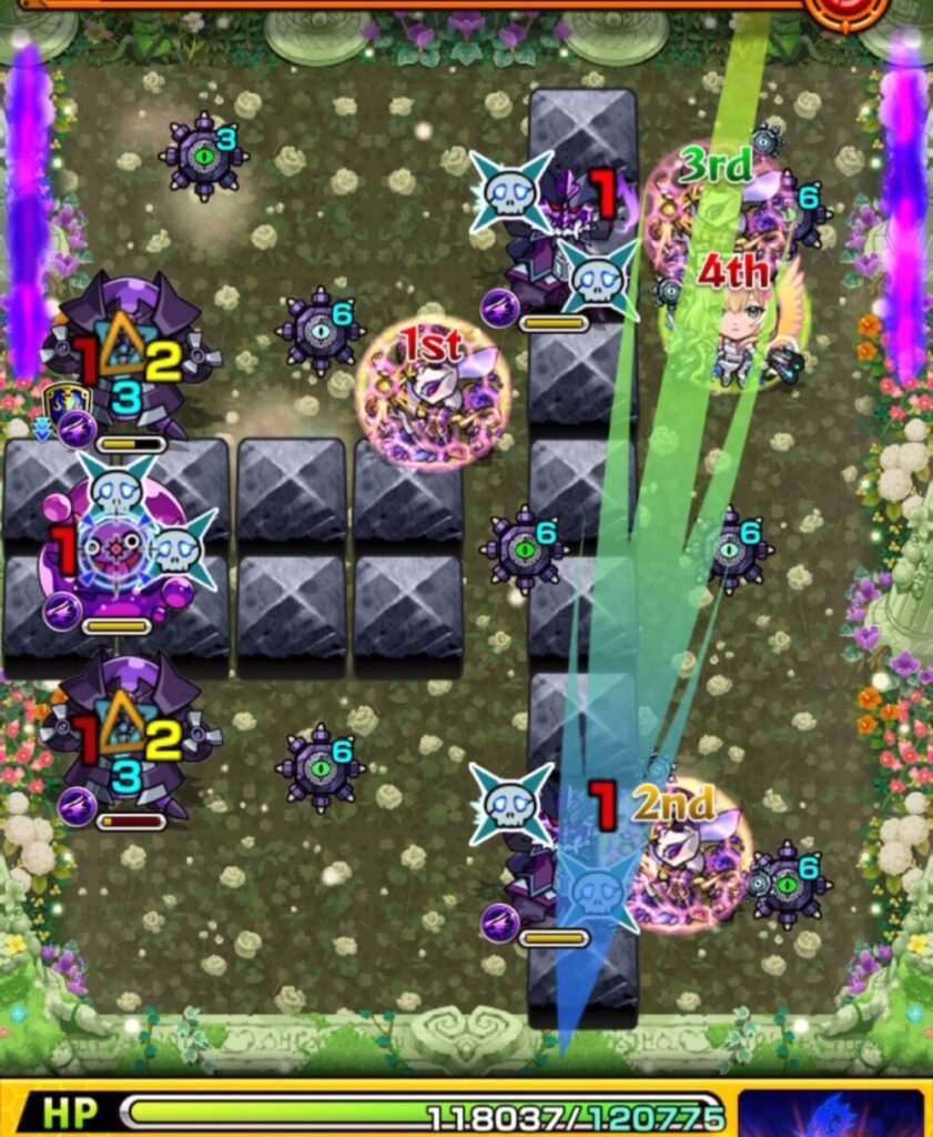 超究極・セントアモーレのステージ3で、4手目にエル(破邪モード)の友情で残っていたダメージウォールロボ2体の処理に成功し、そのままステージ3を突破した場面のスクリーンショット。