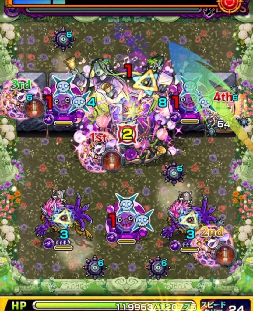 超究極・セントアモーレのボスステージ1で、1手目にぷよリン3体を同時処理し、クロスドクロ発動でボスと鬼2体を防御ダウンさせた場面のスクリーンショット。