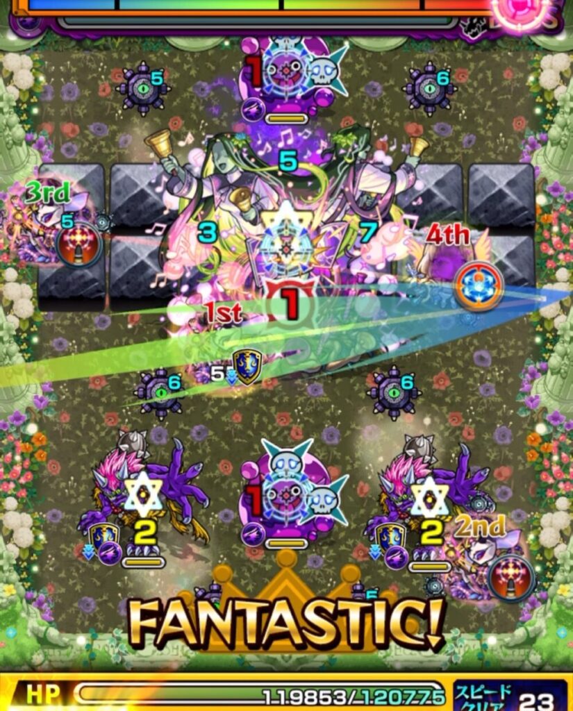 超究極・セントアモーレのボスステージ1で、防御ダウン中のボス弱点をエル(破邪モード)の友情で攻撃し、大ダメージを与えて突破した場面のスクリーンショット。