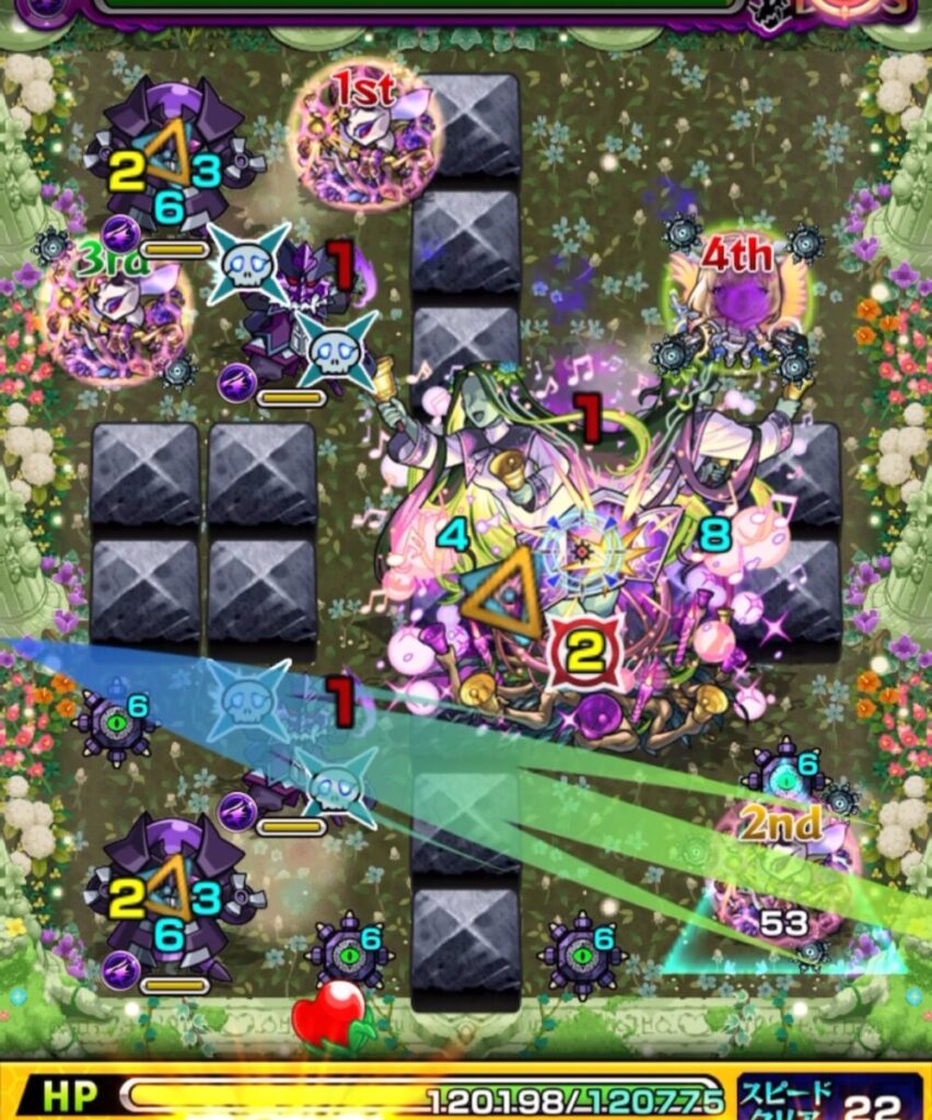 超究極・セントアモーレのボスステージ2で、1手目に魔導士2体を処理したが、上側のクロスドクロのみ発動し、ボスと上の魔導士だけが防御ダウンした場面のスクリーンショット。