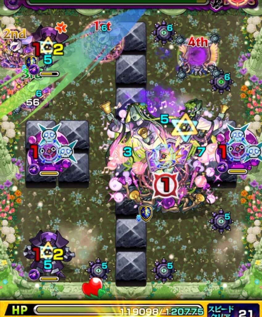 超究極・セントアモーレのボスステージ2で、3手目にエル(破邪モード)の友情がボス弱点に当たり、大ダメージを与えた場面のスクリーンショット。