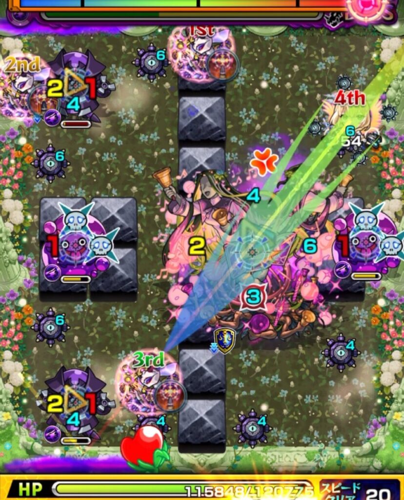 超究極・セントアモーレのボスステージ2で、4手目にボス弱点を攻撃してダメージを与え、そのままボスステージ2を突破した場面のスクリーンショット。