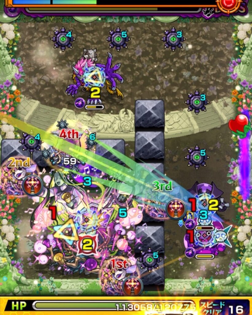 超究極・セントアモーレの最終ステージで、4手目にぷよリン処理を成功させて防御ダウンバブルを発動したものの、味方が軌道上にいてバブルが遮られ、ボスを防御ダウンできなかった場面のスクリーンショット。