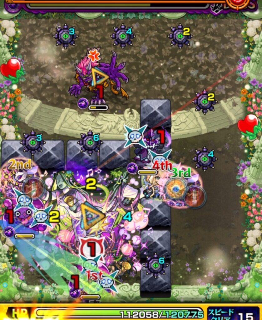 超究極・セントアモーレ最終ステージで、5手目にクロスドクロ雑魚3体の処理には成功したものの、防御ダウンバブルが上魔導士からしか発動せず、味方に遮られてボスが防御ダウンにならなかった場面のスクリーンショット。