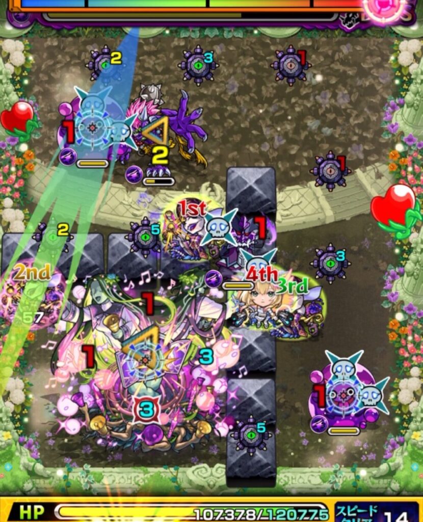 超究極・セントアモーレ最終ステージで、6手目にクロスドクロ雑魚3体の同時処理に成功し、防御ダウンバブルが初めてボスに届き、防御ダウンが付与された場面のスクリーンショット。