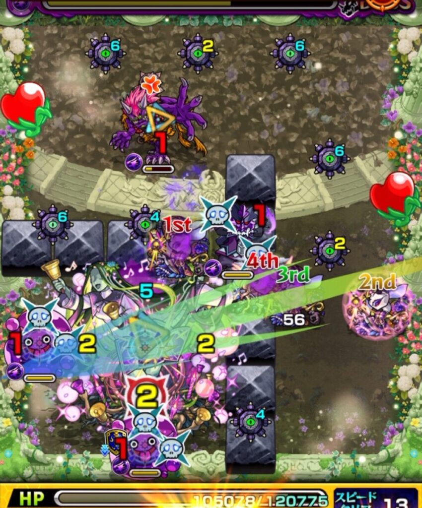 超究極・セントアモーレ最終ステージで、全滅攻撃まで残り2ターンの状況で、エル(破邪モード)の友情がボス弱点に当たり、大ダメージを与えた場面のスクリーンショット。