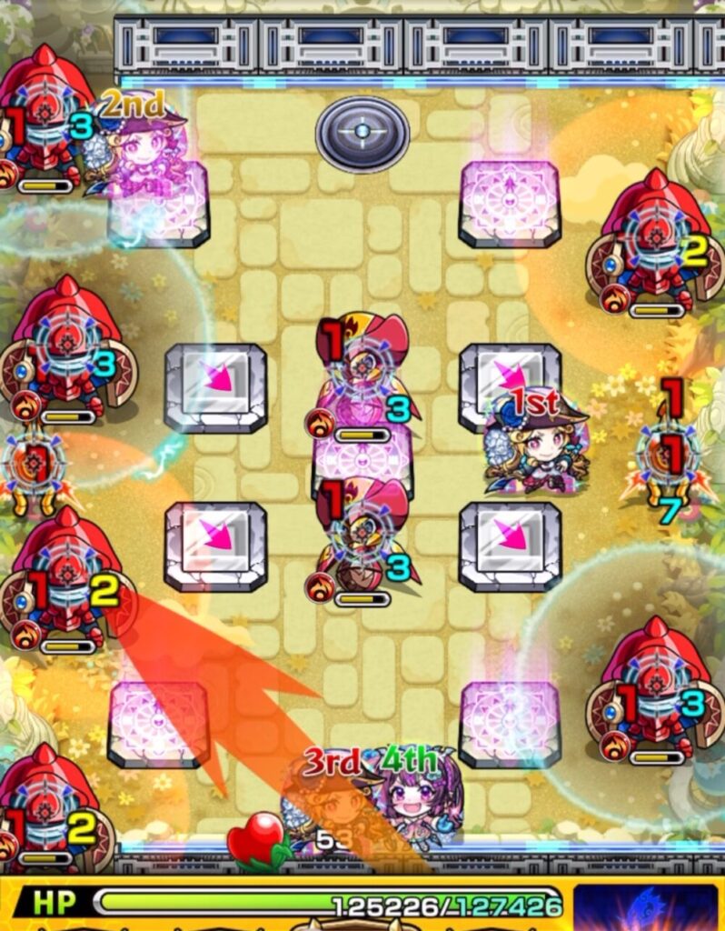 天魔の孤城・第8の園 ステージ2で、ルネサンス(3P)がハンシャイン2体のあいだに挟まって同時処理に成功した瞬間のスクリーンショット。周囲にはLB付き盾雑魚と無印盾雑魚が配置されている。