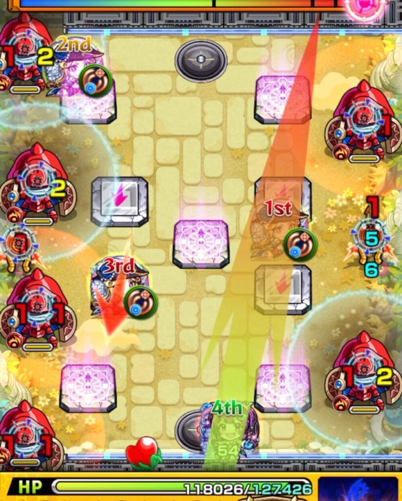 天魔の孤城・第8の園のステージ2。ナイトメアがLB盾雑魚と壁のあいだでカンカンを仕掛け、パネル配置のルネサンスが左下のLB盾雑魚へ挟まりを決めて、3体セットの同時処理に成功している場面。