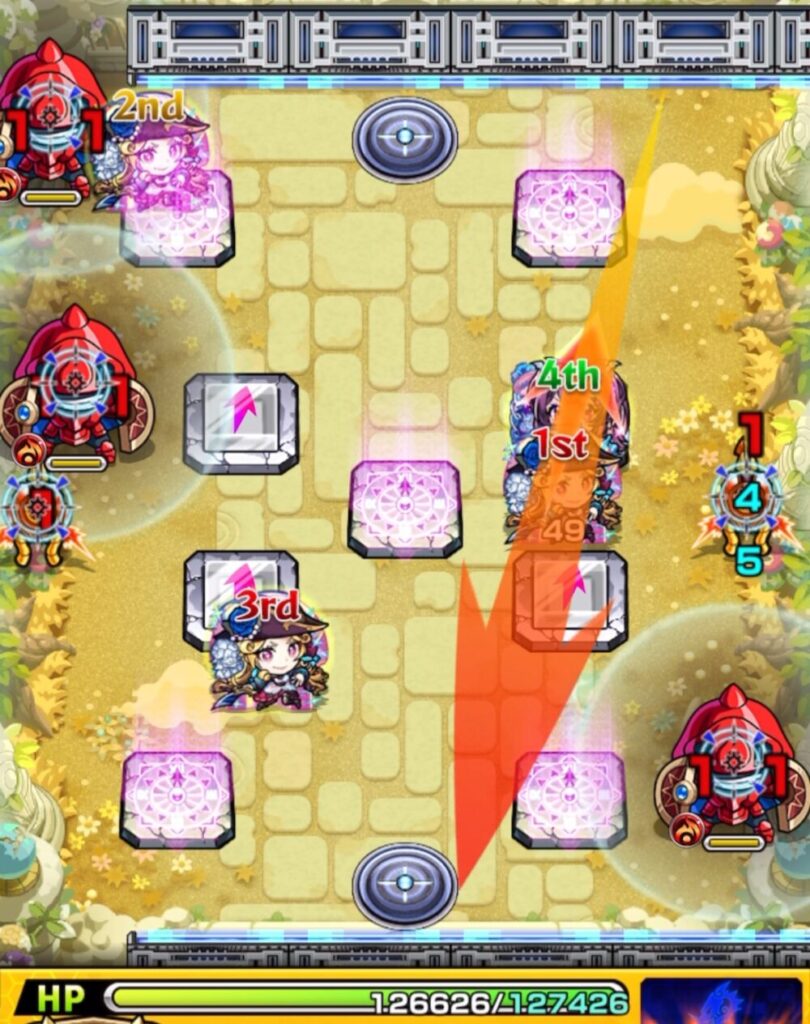 ステージ2の3手目。ナイトメアとルネサンスが盾雑魚の同時処理を狙い、殴りと友情が合わさって3体セットの撃破に成功した場面のスクリーンショット。