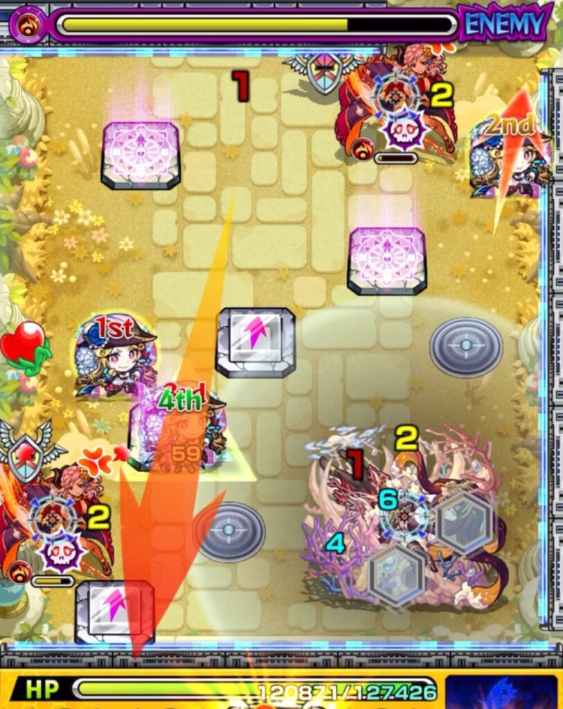 左下パネルを経由した4Pルネサンスのショットでハトホルを撃破し、中ボスの防御ダウンが発動した場面のスクリーンショット