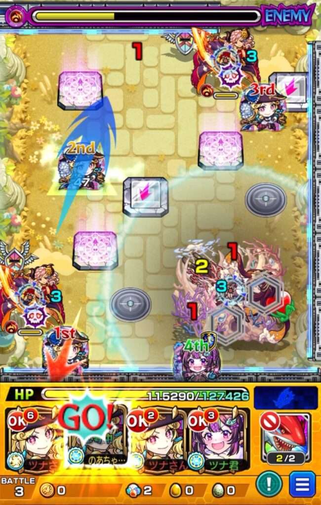 天魔の孤城 第8の園(新編成)ステージ3・5手目。ルネサンスがハトホルをカンカンで攻撃し、さらにSSで中ボスの弱点へ大ダメージを与えた場面のスクショ。