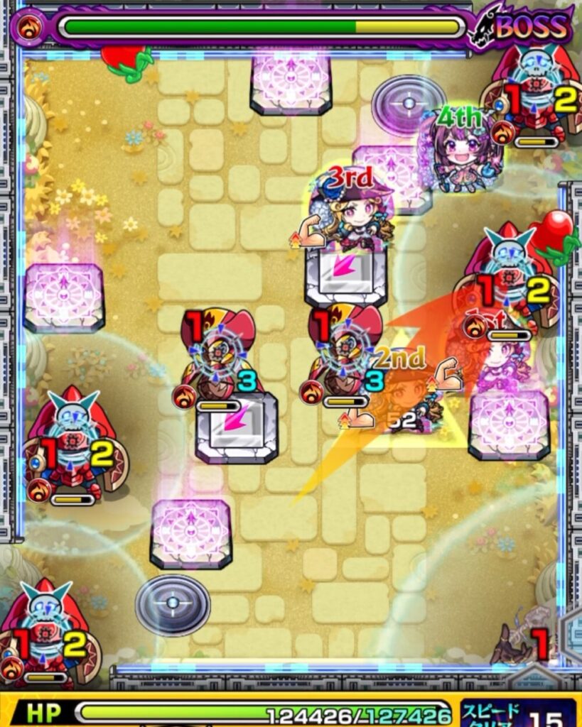 ボスステージ1の1手目の動きです。
ハンシャイン2体はペア、盾雑魚4体はセットで相互蘇生するため、それぞれ同時処理が必須です。
ナイトメアの攻撃力アップバフにより、盾雑魚をワンパンできる状況。
2Pルネサンス でパネル配置を意識しながら盾雑魚の同時処理を狙い、
あわせて ハンシャイン2体のペア処理にも成功 しましたスクショです。