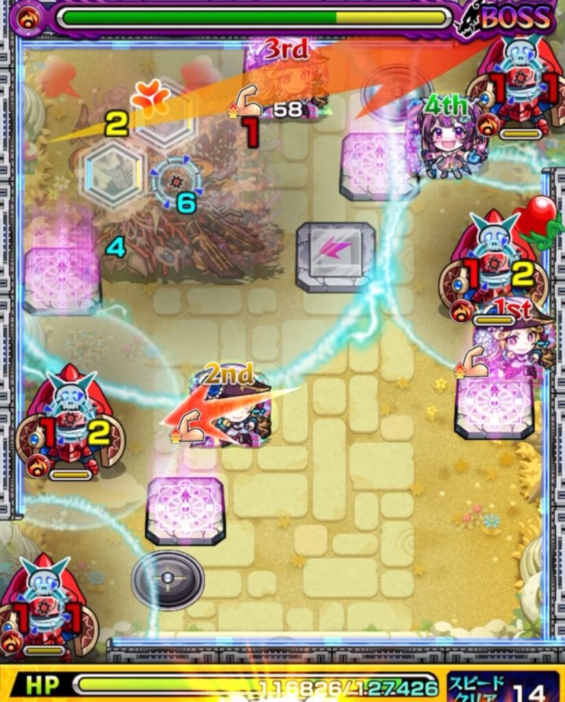 ルネサンスの攻撃で盾雑魚4体を同時処理し、クロスドクロ発動でハトホルとボスが左上に出現した場面のスクリーンショット