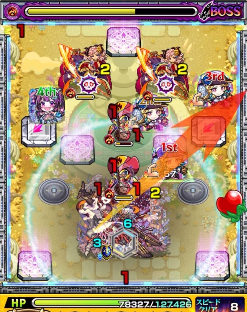 天魔の孤城 第8の園・ボス2の3手目。攻撃力アップ状態のルネサンスがパネル配置を意識しつつ弾かれ、殴りと友情でハトホルとハンシャインへダメージを与え、ハンシャイン2体を同時処理した場面のスクショ。