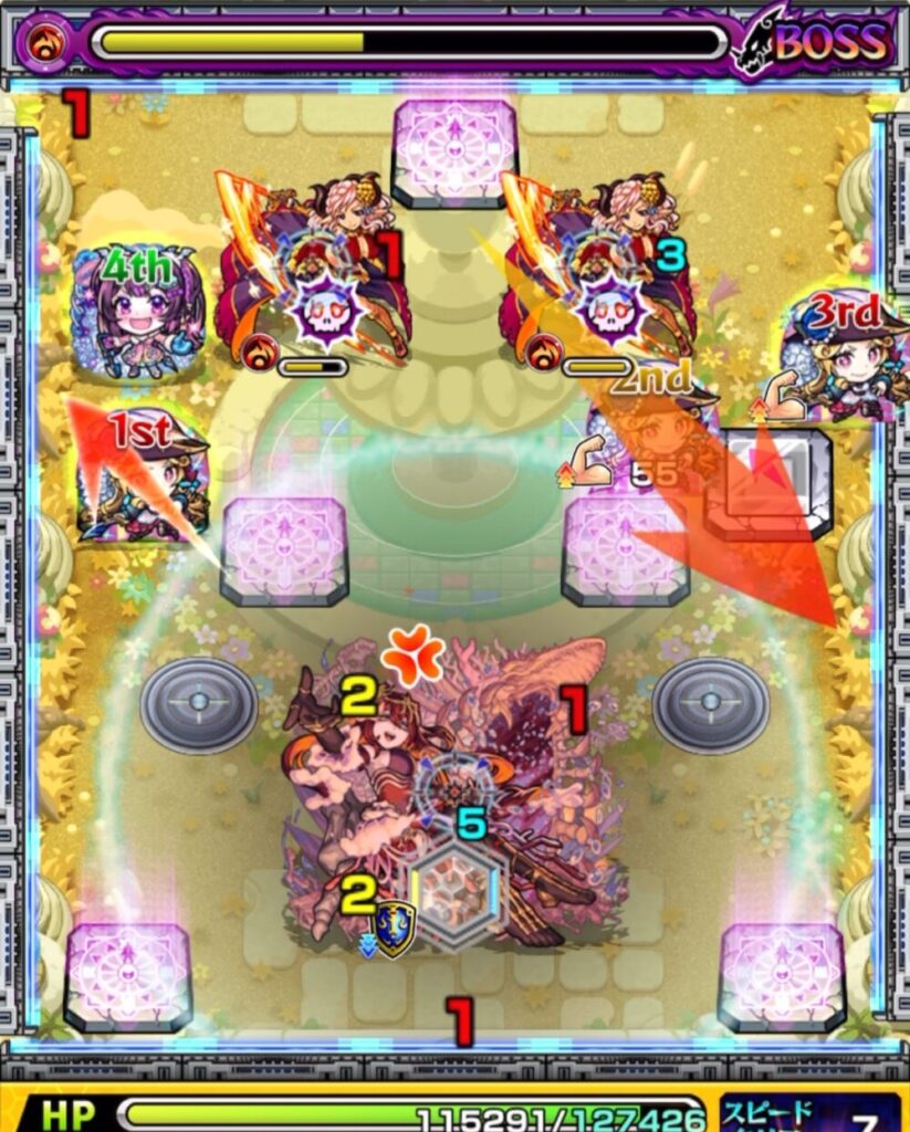 ボスステージ2の4手目。パネル配置中のルネサンスは、右側のハトホルに確実にダメージを与えて防御ダウン。
2P ルネサンスはパネル配置しながら弾き、ボスの弱点封印を正確に攻撃するスクショ。
殴りと友情が噛み合い、ボスに大ダメージを与えることに成功しました。