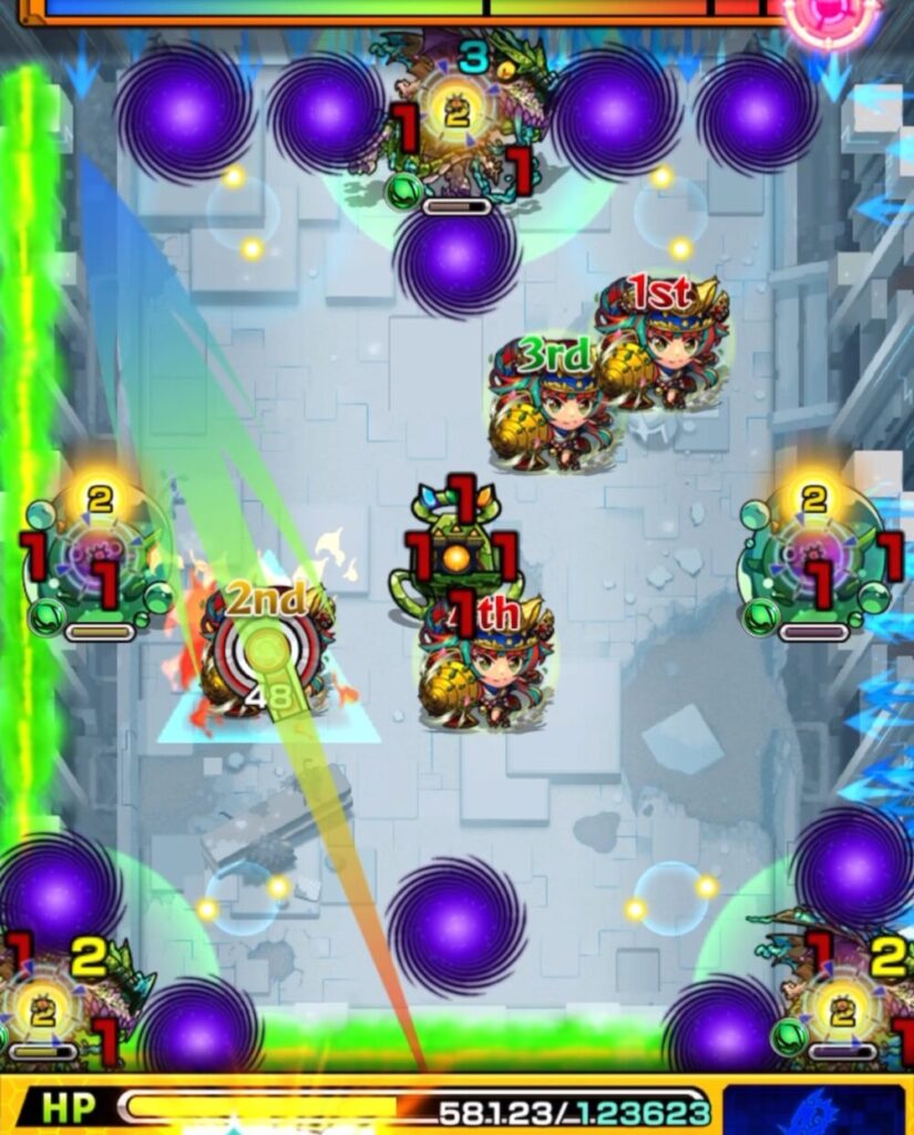 シャンバラの星墓 ステージ3の1手目。ぷよりんを透過させつつ4反射でビットンを攻撃し、バジリスク3体の同時処理に成功した.場面Vo.4