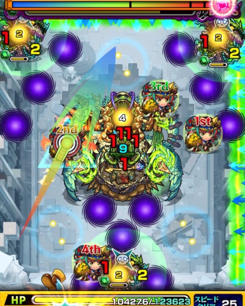 ボスステージ3でバジリスク3体の同時処理に成功し、シャンバラの手が4本出現した場面のスクリーンショットVo.2