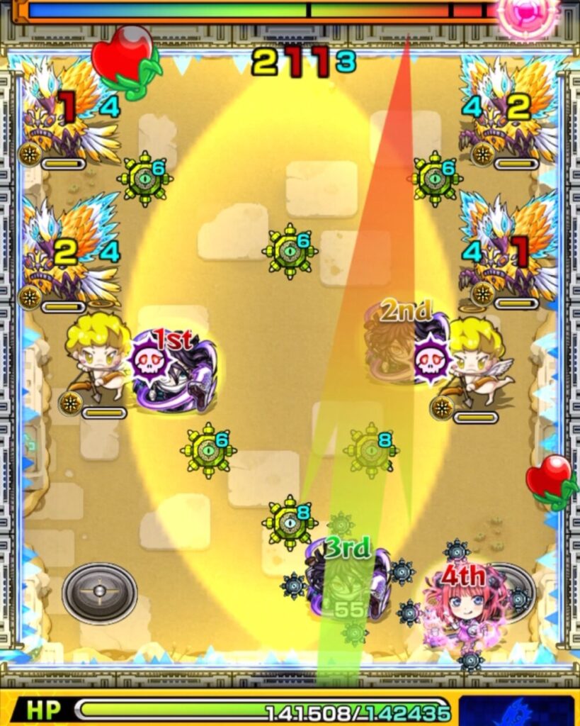 未開の砂宮・拠点24のステージ1。3手目で上壁から天使を経由し、右側のサンダーバード2体のあいだに挟まって同時処理に成功している場面のスクリーンショット。