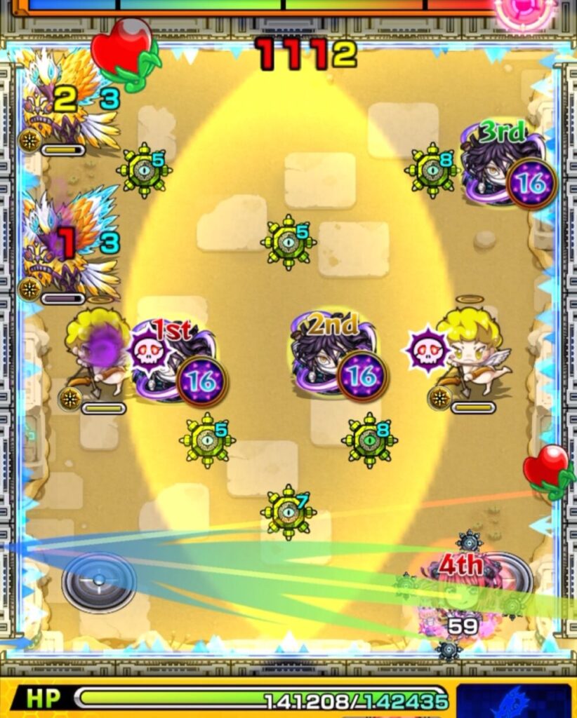 未開の砂宮・拠点24のステージ1。4手目で貫通タイプの中野二乃が挟まりを狙わず、伊黒小芭内の友情コンボを発動してサンダーバードにダメージを与えている場面。