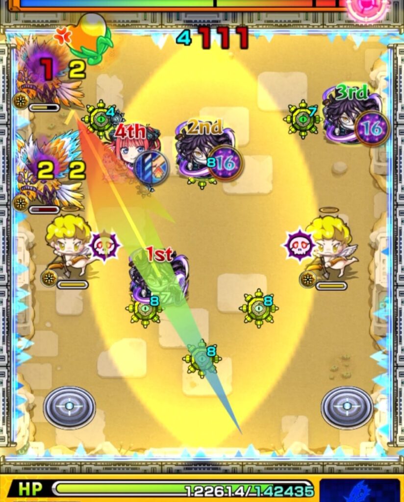 未開の砂宮・拠点24のステージ1。5手目で1P伊黒小芭内が左側のサンダーバード2体のあいだに挟まり、同時処理に成功してステージ1を突破した場面のスクリーンショット。