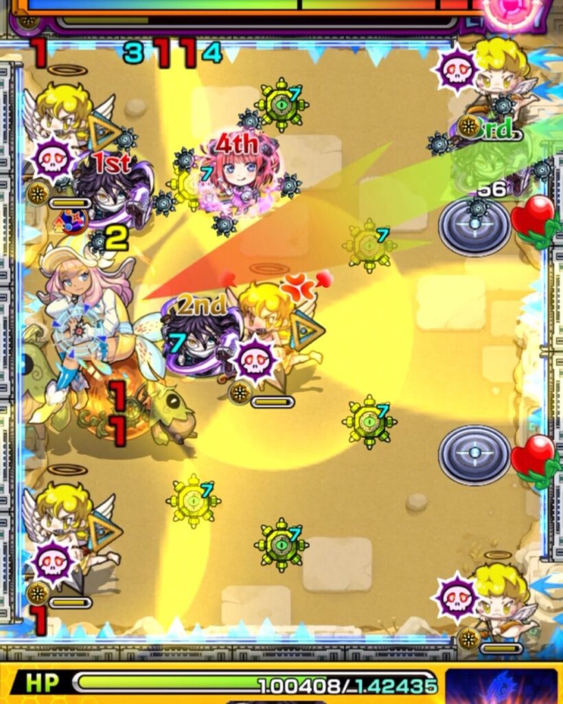 未開の砂宮・拠点24のステージ2。2手目で弱点持ち天使と中ボスのあいだに挟まり、残りHPを削り切ってステージ2を突破した場面のスクリーンショット。