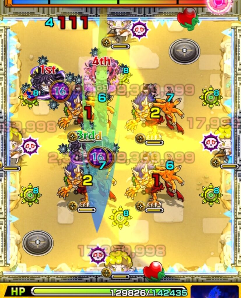 未開の砂宮・拠点24のステージ3。鬼の攻撃ターンが残り1の状況で、味方が固まっているため大ダメージを回避しつつ、中野二乃が天使を倒さないよう伊黒小芭内の友情を発動して鬼にダメージを与えている場面のスクリーンショット。