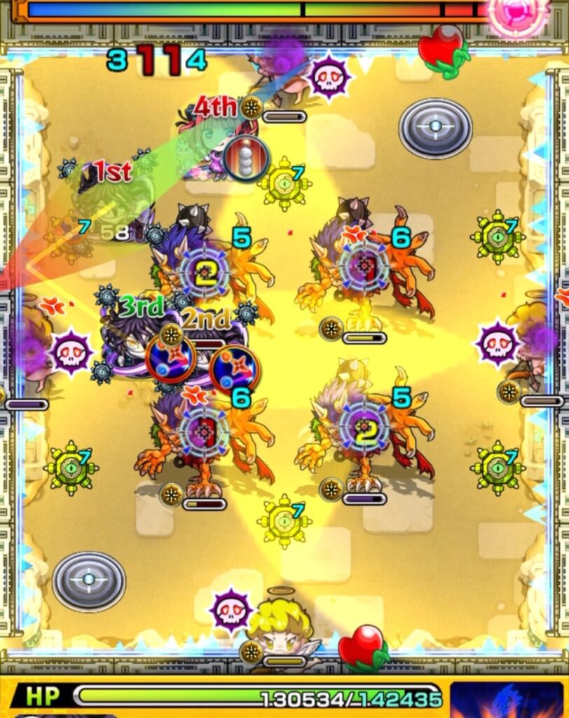 未開の砂宮・拠点24のステージ3。2手目で伊黒小芭内が左側の鬼のあいだを狙って弾かれ、挟まりにはならなかったものの、結果的に3体の鬼を同時に処理した場面のスクリーンショット。