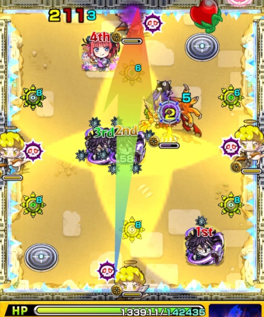 未開の砂宮・拠点24のステージ3。3手目で伊黒小芭内が天使を経由して鬼のあいだに入り、カンカン攻撃で処理してステージ3を突破した場面のスクリーンショット。