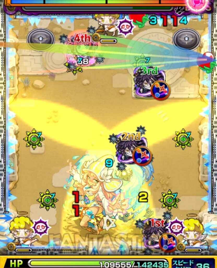 未開の砂宮・拠点24のボスステージ1。2手目で中野二乃を薄く下に弾き、伊黒小芭内の友情コンボを発動してボスにダメージを与えている場面のスクリーンショット。