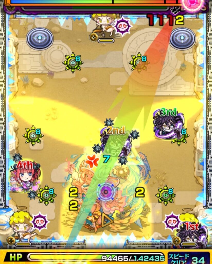 未開の砂宮・拠点24のボスステージ1。3手目で伊黒小芭内が右角から2反射し、下壁を経由してボスの弱点を攻撃、大ダメージを与えてボスステージ1を突破した場面のスクリーンショット。