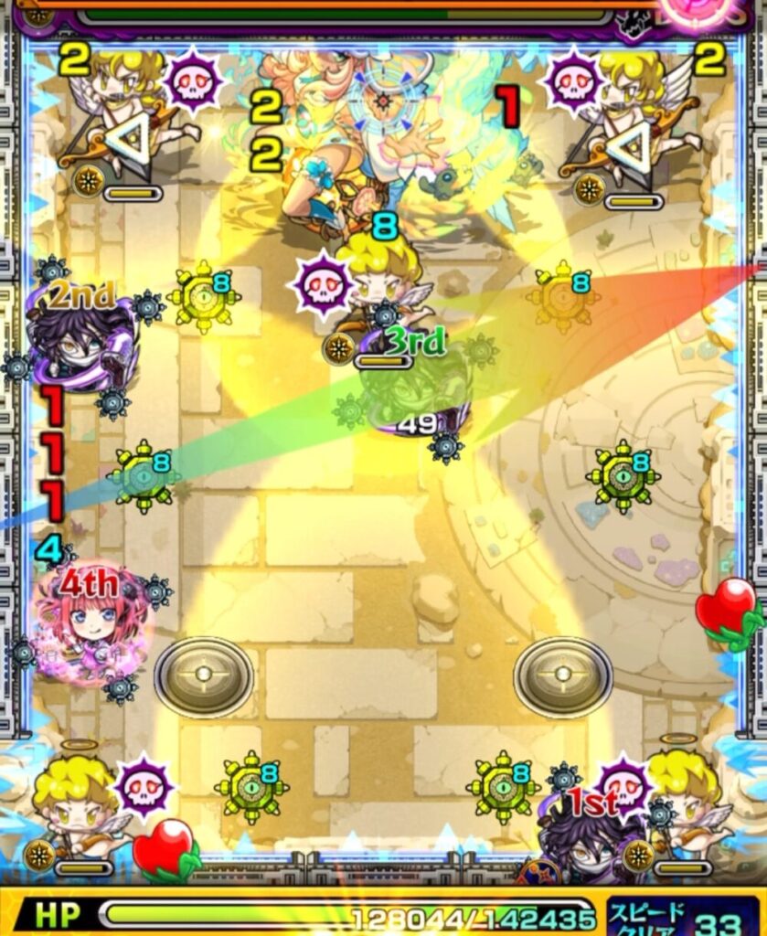 未開の砂宮・拠点24のボスステージ2。1手目で伊黒小芭内が縦にイレバンし、天使を3体倒してしまったことで防御アップフィールドが消失し、ボスから大ダメージを受けた場面のスクリーンショット。