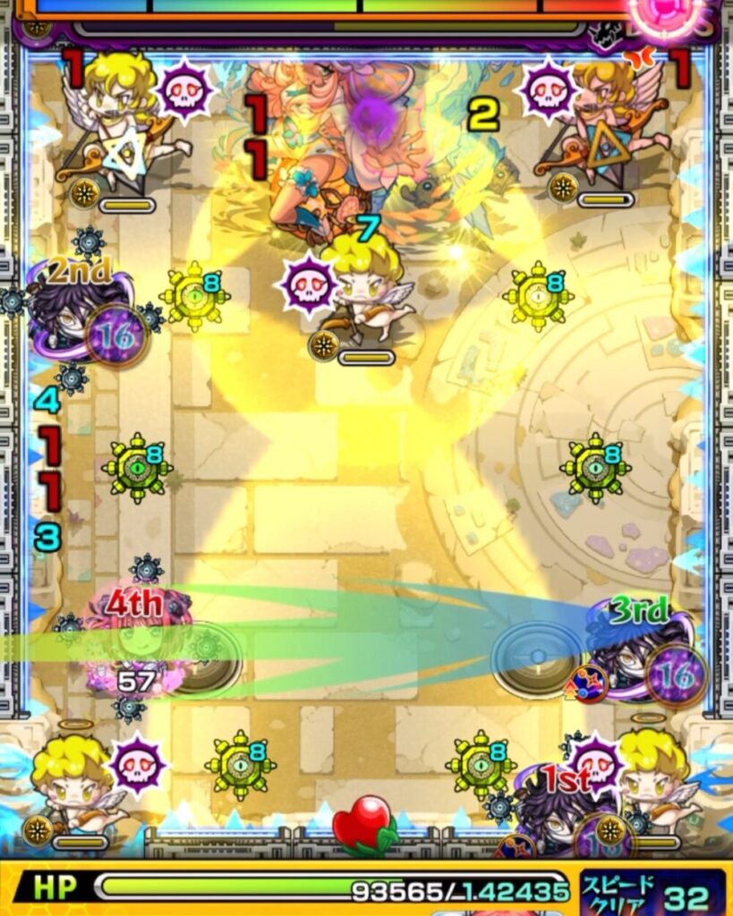 未開の砂宮・拠点24のボスステージ2。2手目で中野二乃が弱点持ち天使を倒さないよう配慮しつつ、伊黒小芭内の友情コンボを発動してボスにダメージを与えている場面のスクリーンショット。