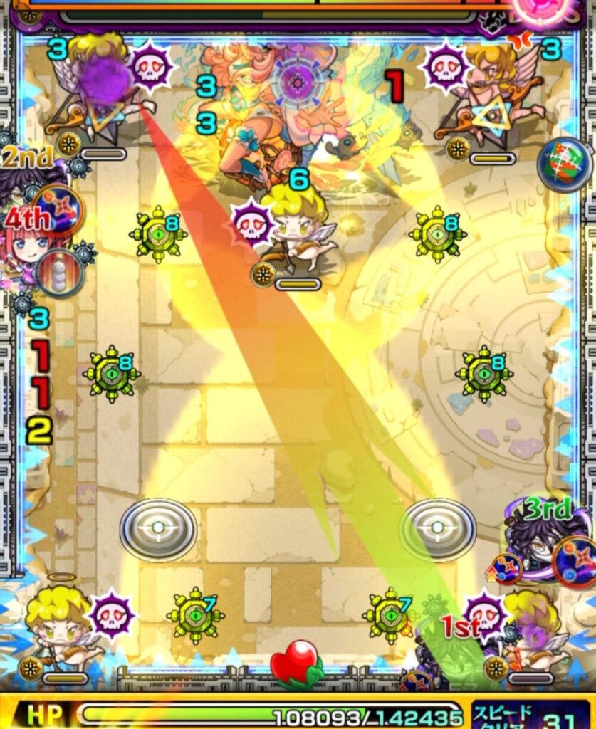 未開の砂宮・拠点24のボスステージ2。3手目で伊黒小芭内がボスと天使のあいだを狙うも挟まれず、天使を全滅させてしまい、防御アップが失われてボスから大ダメージを受けた場面のスクリーンショット。