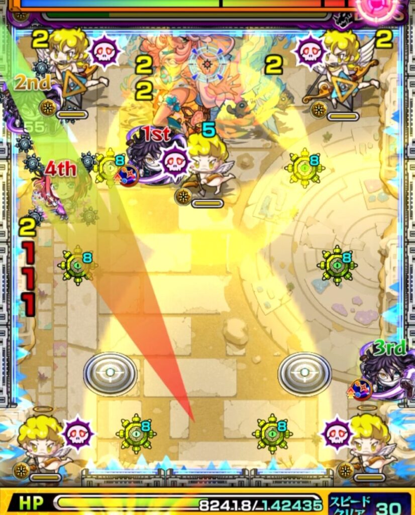 未開の砂宮・拠点24のボスステージ2。4手目で伊黒小芭内が2反射でボス右側と天使のあいだを狙うも、角度が合わず挟まれずに失敗した場面のスクリーンショット。