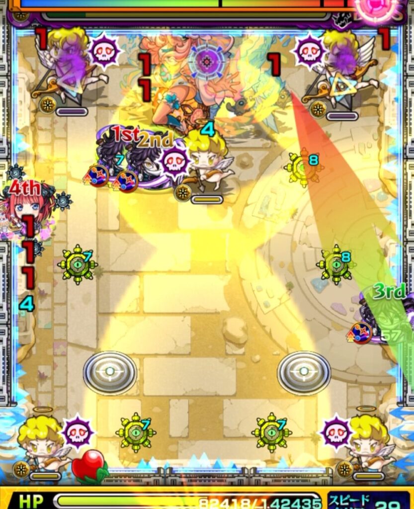 未開の砂宮・拠点24のボスステージ2。5手目で伊黒小芭内がボス右側と天使のあいだに挟まり、残りHPを削り切ってボスステージ2を突破した場面のスクリーンショット。