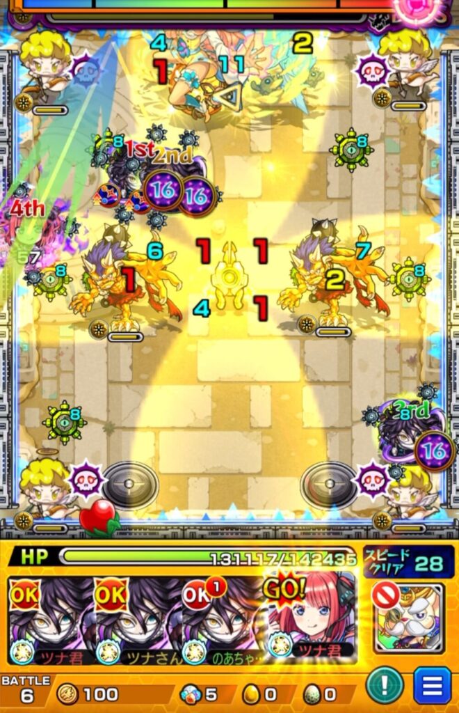 未開の砂宮・拠点24のボスステージ3。1手目で中野二乃がSSを使用し、伊黒小芭内に攻撃力アップバフを付与。1Pと2Pには成功したが、3Pには付与できなかった場面のスクリーンショット。