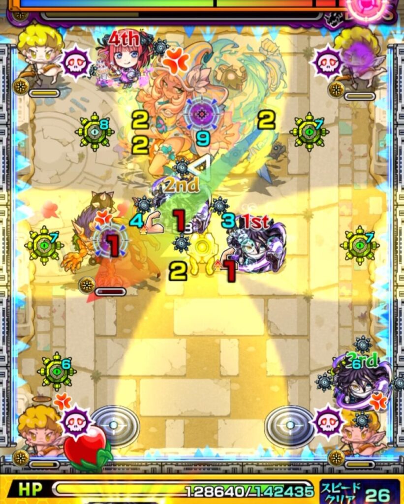 未開の砂宮・拠点24のボスステージ3。3手目で鬼とビットンのあいだを狙うも挟まれず、結果的に鬼を処理しつつボスにもダメージを与えた場面のスクリーンショット。