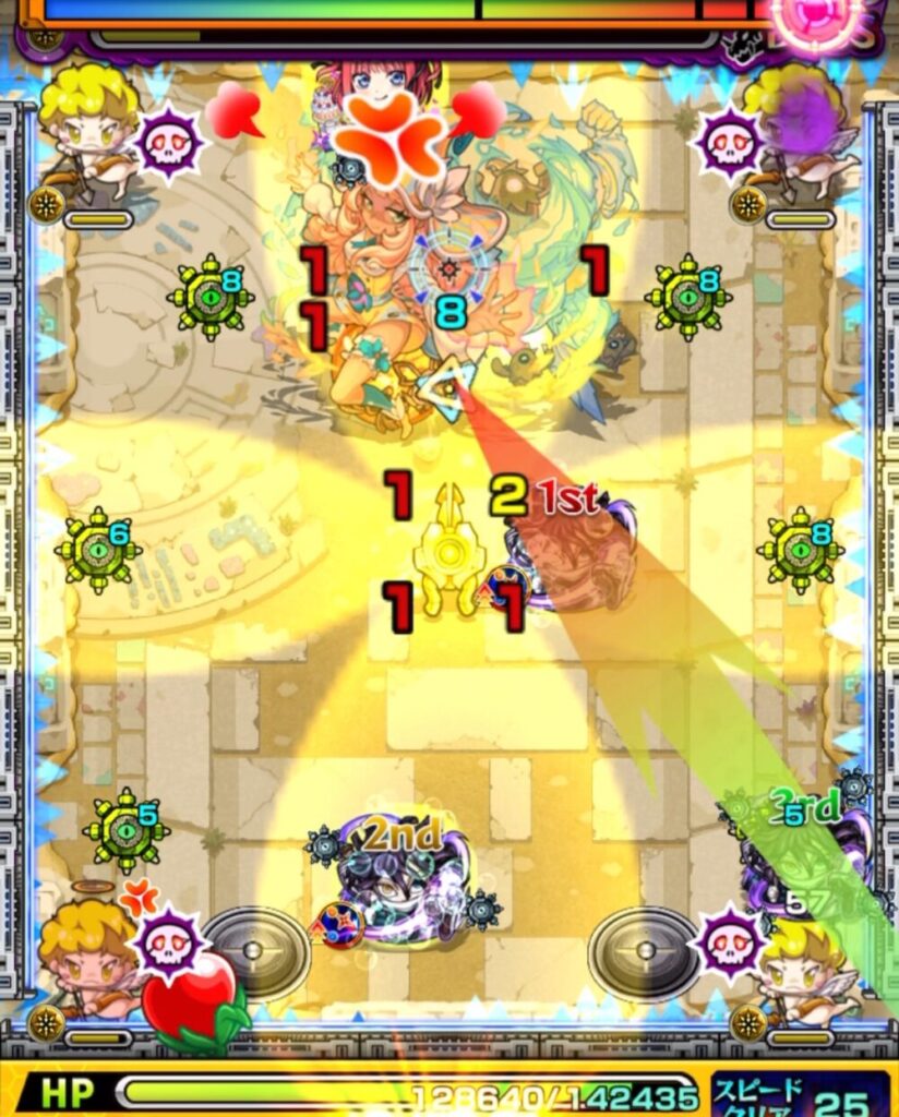 未開の砂宮・拠点24のボスステージ3。4手目でボスの弱点とビットンのあいだに挟まり、大ダメージを与えてボスを撃破した場面のスクリーンショット。