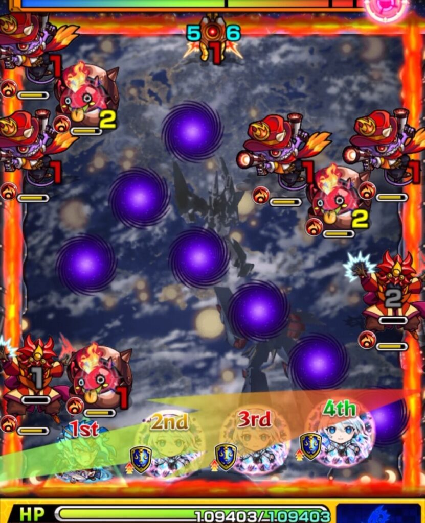 ステージ1の1手目。スサノオを薄めに斜め上へ弾き、かちリン2体の同時処理に成功している場面。