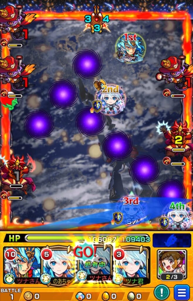 ステージ1の3手目。3PネオのSSを使い、友情コンボと直殴りで右上のガンマンを処理している場面。