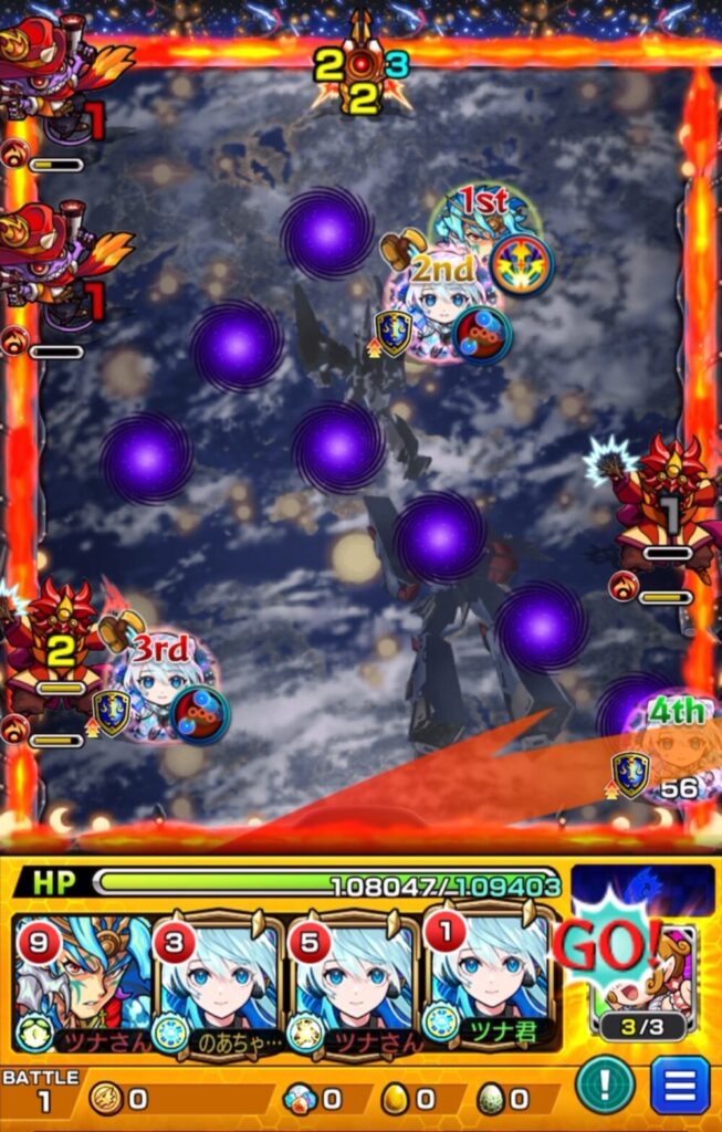 ステージ1の4手目。4PネオはSS未使用のため、守護獣ブラウニーを使ってダメージウォールを回避し、友情コンボでガンマンを処理している場面。