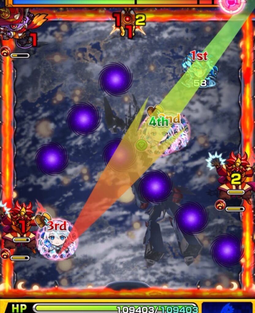 ステージ1の5手目。スサノオでネオ3体にふれて友情を発動し、ガンマンにダメージを与えるも処理できなかった場面。