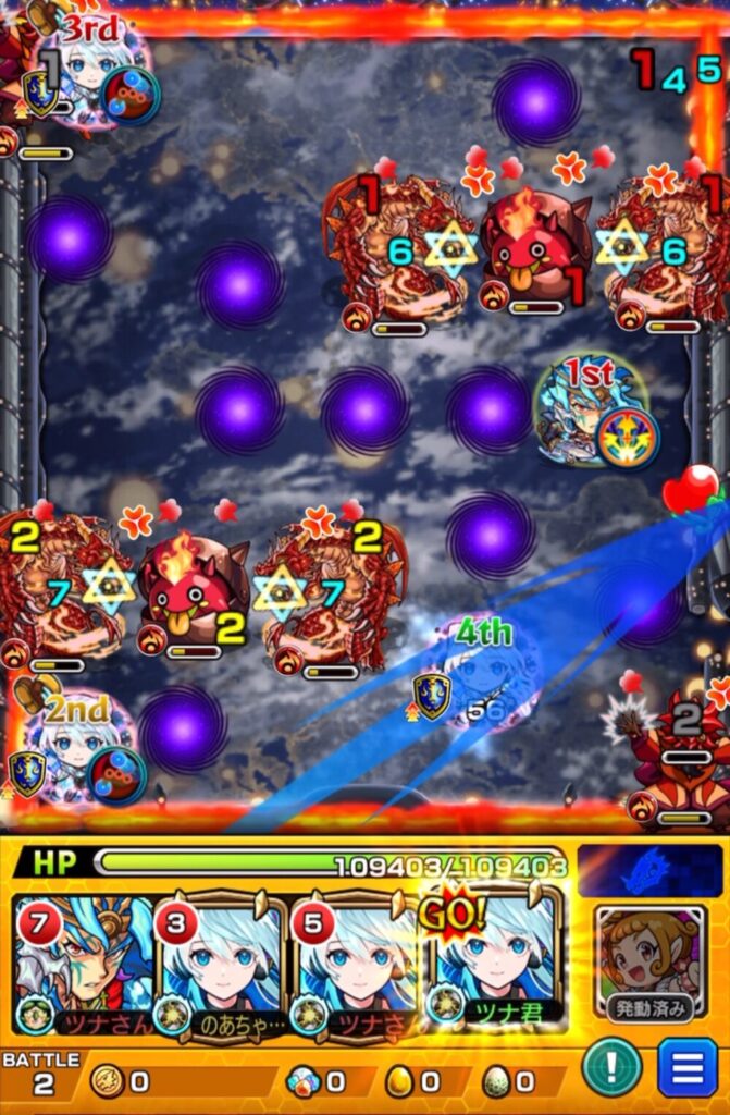 ステージ2の2手目。4PネオのSSを使い、直殴りと友情コンボでかちリンとバハムートを全処理し、ステージ2を突破した場面。