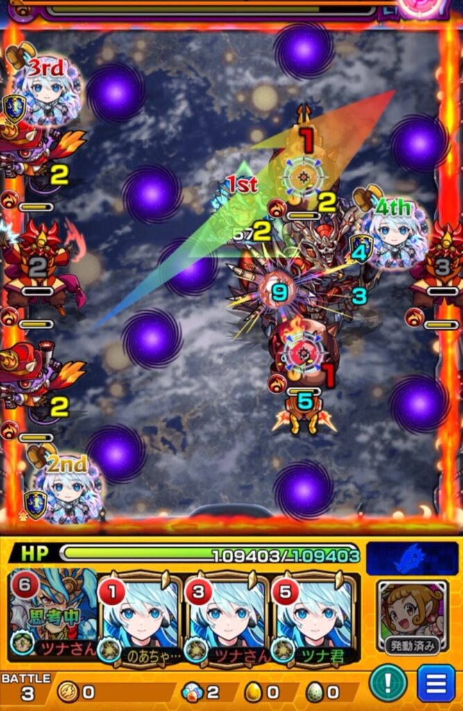 ステージ3の1手目。スサノオでかちリンを処理しつつ、直殴りと友情コンボでガンマンとデスアークにダメージを与えている場面。