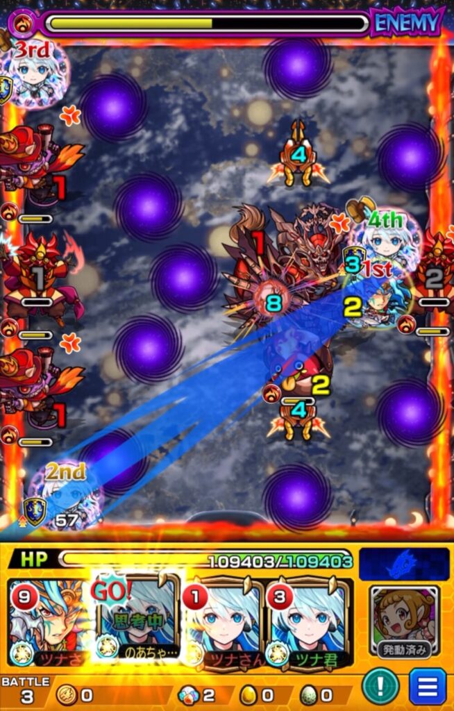 ステージ3の2手目。2PネオのSSを使用し、直殴りと友情コンボでガンマンとデスアークを削っている場面。